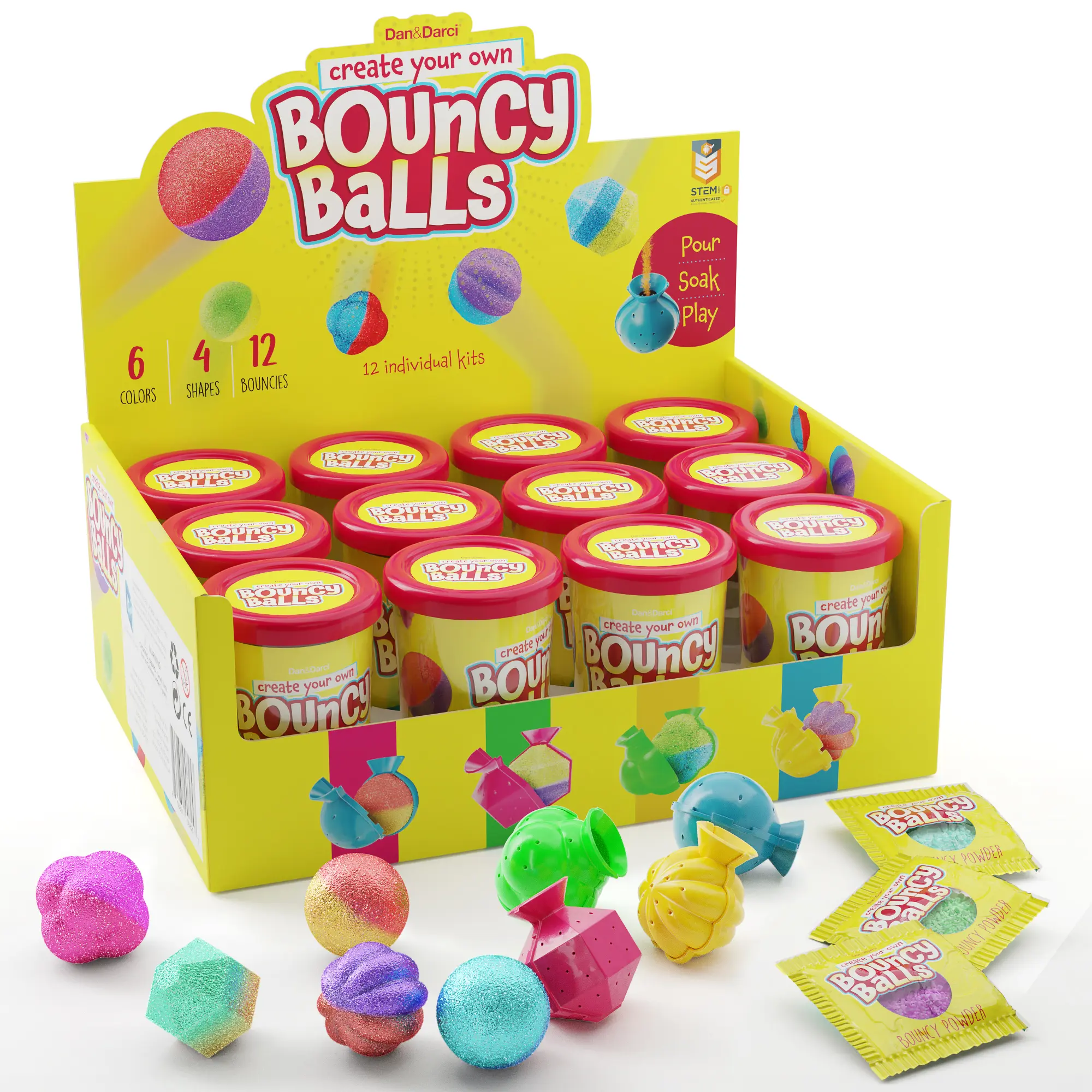 Dan&Darci Unisex DIY Bouncy Ball Kit - 12 Science Experiments, 12 Bounces, 6 Colors, Molds, Powders, Instructions, 4 Stars Educational Science Toy for Party Favors