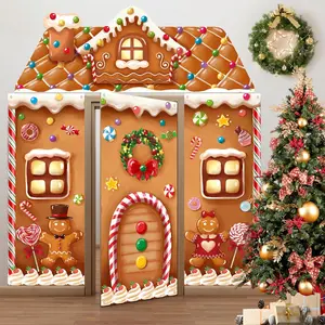 4counts a Set  Christmas Gingerbread House Printing Party Festive Backdrops & Banners, Front Door Cover Entrance Porch Decorations, Xmas Gingerbread Candy Printing Door Christmas Hanging Banners, Porch Sign for Christmas Party Decor, Party Supplies