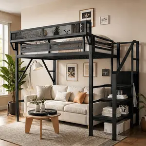 ARCH Twin Size Metal Loft Bed with Stairs, Storage Shelves, and Built-in Wardrobe, High Loft Bed Frame for Kids Teens, Space-Saving Design with Under-Bed Area for Desk or Sofa, Black and White Color Options, Sturdy Metal Construction