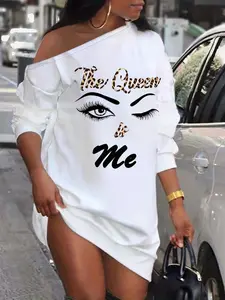 Women's Figure & Letter Print Asymmetrical Neck Dress, Vintage Girly Clothes, Casual Short Dress, Summer Dresses for Women, Lady Dress for Spring Fall