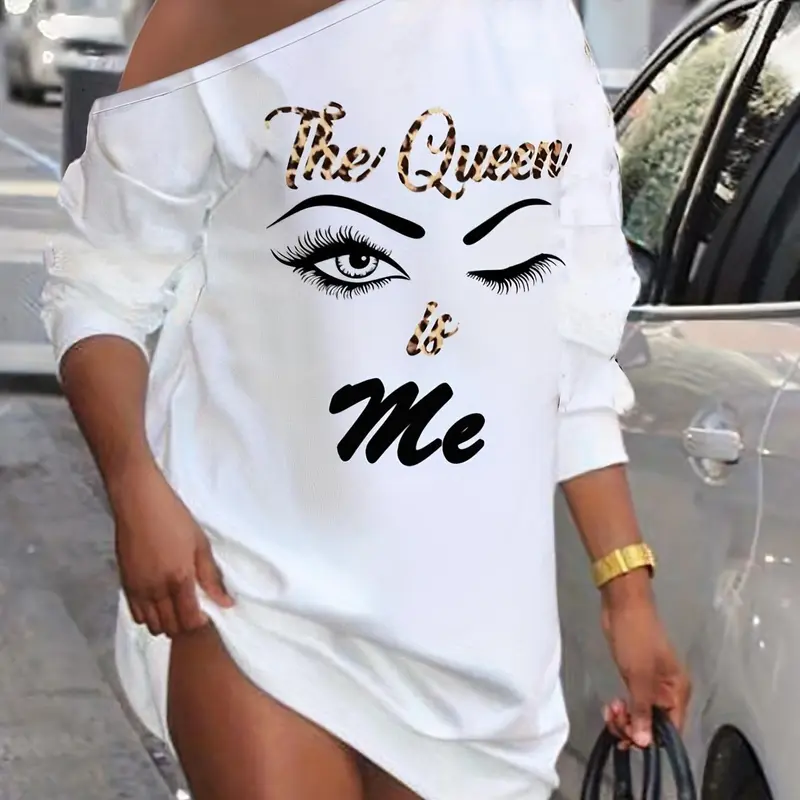 Women's Figure & Letter Print Asymmetrical Neck Long Sleeve Fitted Dress, Vintage Girly Chic Clothes, Casual Classy Elegant, Casual Wear Short Dress, Summer Dresses for Women, Lady Dress for Spring Fall, Womenswear, Style