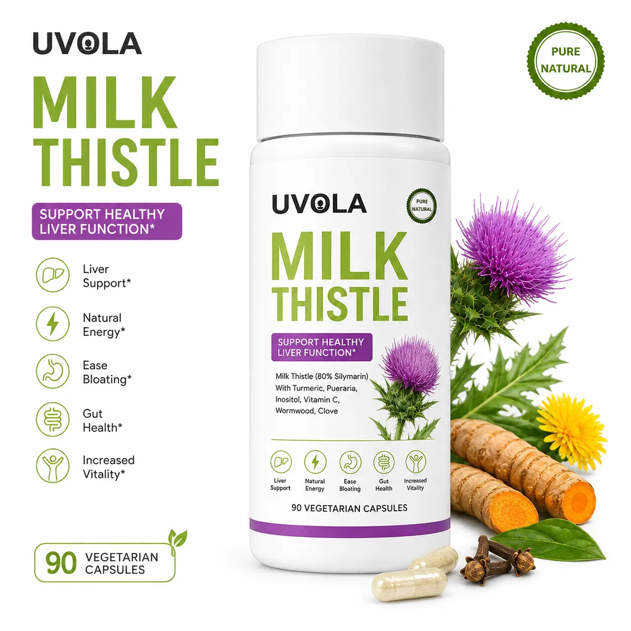 Uvola Milk Thistle 80% Silymarin Capsules, Liver Digestive Support, Antioxidant & Gut Nutrition, 90 Count Daily Supplement