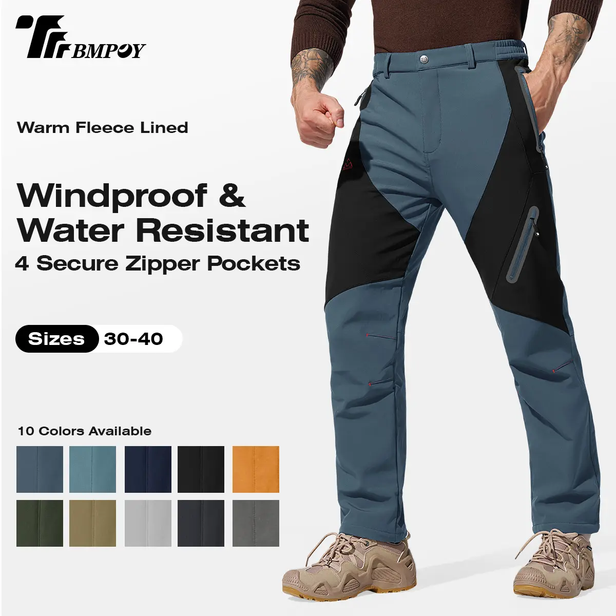 TBMPOY Men's Tech Fleece Lined Waterproof Softshell Snow Pants, Jogger Sports Fitness Outdoor Insulated Pants with Zipper Pockets for Skiing, Hiking, Climbing (Father's Day Gift)