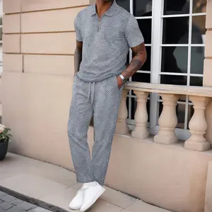 Men's 2026 Trend 2-Piece Menswear Set - Short-Sleeve Solid Textured Quarter-Zip Polo Shirt & Drawstring Pocket Pants, Summer Casual Streetwear Loungewear, Drawstring Pants summervibes