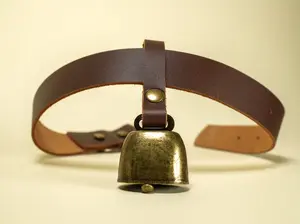 Hucow Collar with Antique Brass Cowbell in Brown Leather