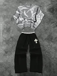 Men's Fashion Casual Two-Piece Set, Soft Comfortable Round Neck Knit Sweater and Graphic Print Drawstring Wide Leg Loose Pants, Fall & Winter Wear