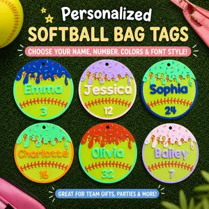 Personalized Softball Drip Bag Tag w/ Clip & Ring | Custom Name Keychain | Team Gift, Sports Backpack Tag, Ice Cream Drip Design