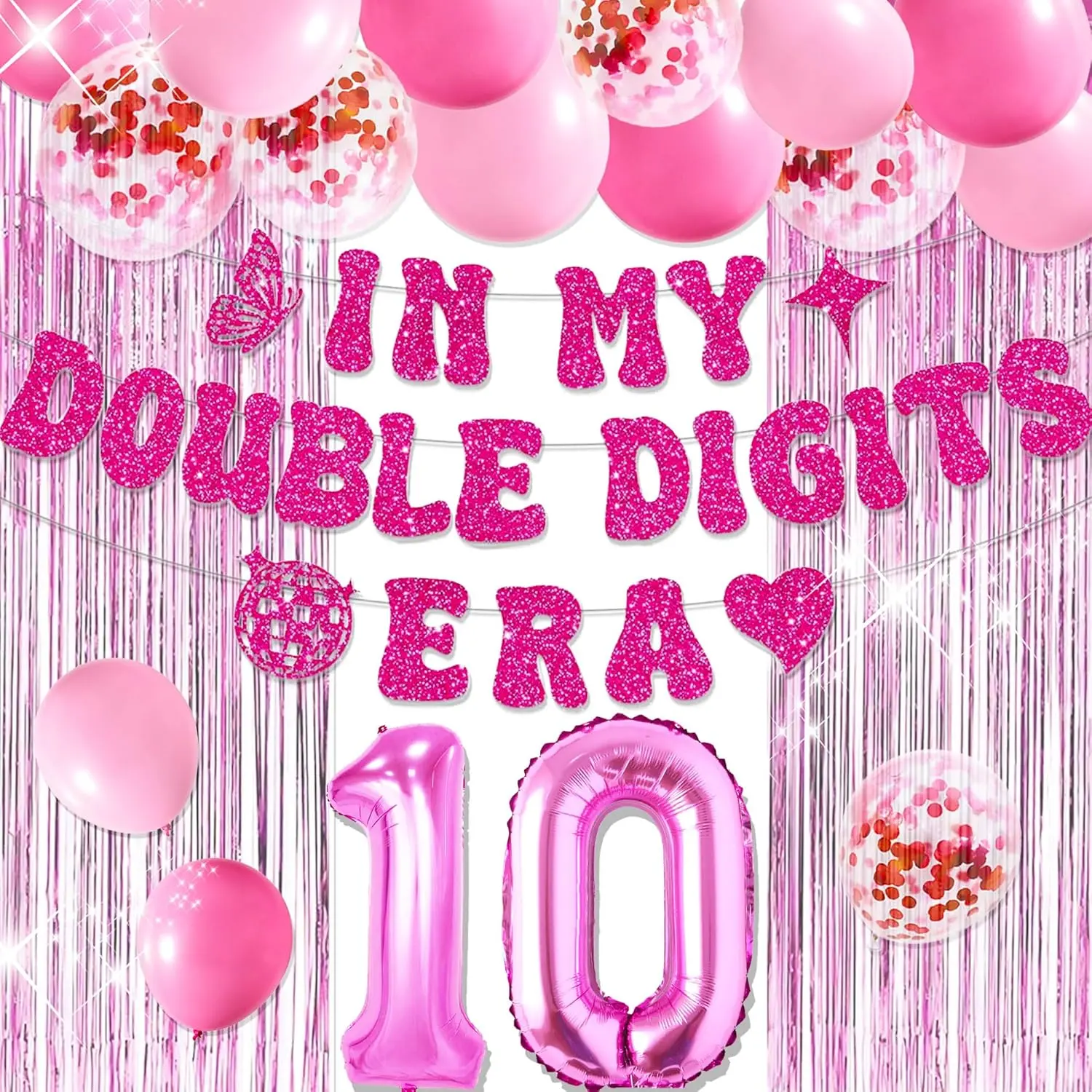 10th Birthday Decorations Pink In My Double Digits Era Banner Double Digits Birthday Happy 10th Birthday Decorations for Number 10 Balloon Girls Boys Double Digits Party Supplies Rock