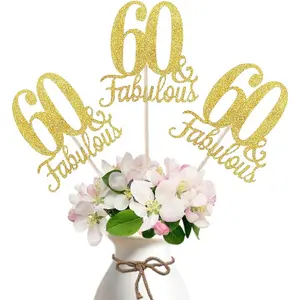 10-Pack Double Sided Rose  Fabulous and 60th Birthday Centerpieces for Tables, Number 60 Centerpiece Sticks, 60th Birthday Table Decorations for Women Men (Double Sided Giltter) (Sided )