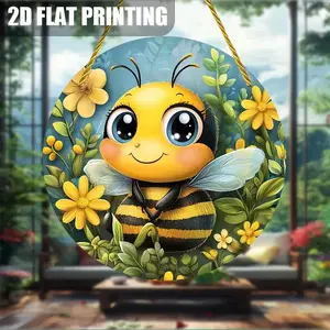 2D Flat - 2D, 1pc, Round Aluminum Sign, Cute Bumblebee on Flowers Metal Sign Design, Suitable for Garden, Countryside, Farmhouse, Home, Living Room, Office, Cafe, Bar, Party Decorative Signs and Plaques