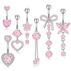 7PCS Pink Surgical Steel Dangle Belly Button  | Belly Button Piercing Set Navel Piercing Jewelry Butterfly Heart Flower Pink Navel Belly  for Women Daily Sexy Wear Party Gift for friend per cing s summer rings
