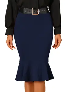 INSPIRE CHIC High Waisted Mermaid Ruffle Hem Pencil Skirt with Belt Deep Blue