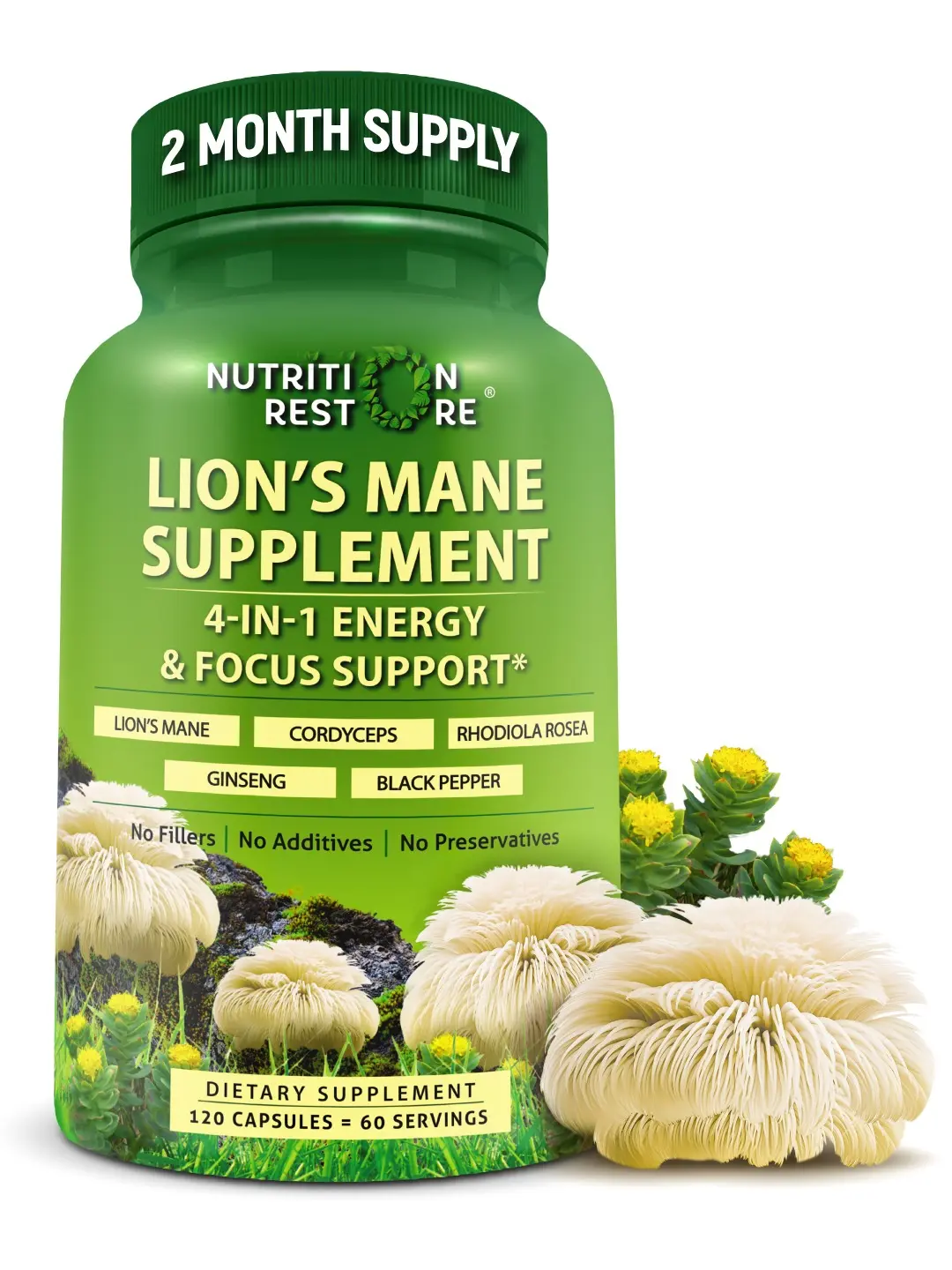 Nutrition Restore Organic Lion's Mane Mushroom Supplement - Supports Focus & Memory - Fruiting Body Extracts - 120 Capsules