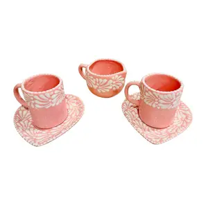 2 Pink Talavera Coffee Tea Cups with 2 Heart Plates and Creamer Cup 2 Tazas Rosas de Talavera con 2 Platos de Corazon y Taza Cremera