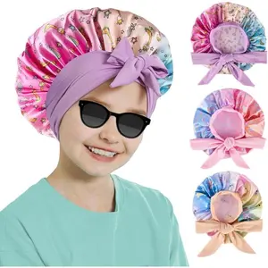 KF5-HBA200 3 PCS Kids Bonnets for Girls,Kids Hair Bonnet,Silk Bonnet for Kid Sleeping,Cute Printed Silk lace up Children's Nightcap,A Sleeping Cap Suitable for Teenagers and Young Children Haircare Adjustable Elastic Gift Silky Storage