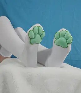 Plush Green Mochi Paw Pads on White Thigh High Stockings for Furry Cosplay