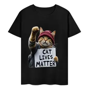Men's "Cat Lives Matter" Humorous Graphic T-Shirt – 180GSM Pure Cotton Crew Neck, Bold Protest Cat Design with Beanie & Sign, Stylish & Comfy Casual Wear for Cat Lovers and Meme Fans Funny