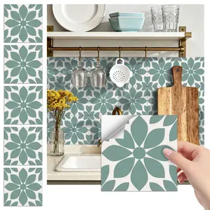 24PCS/Box FHZ Classic Art Tile Pattern | Teal-Gray Geometric Flower Retro Patchwork Wall Stickers | PET Matte Peel & Stick | Waterproof Oil-Proof for Bedroom School Office Kitchen Bathroom