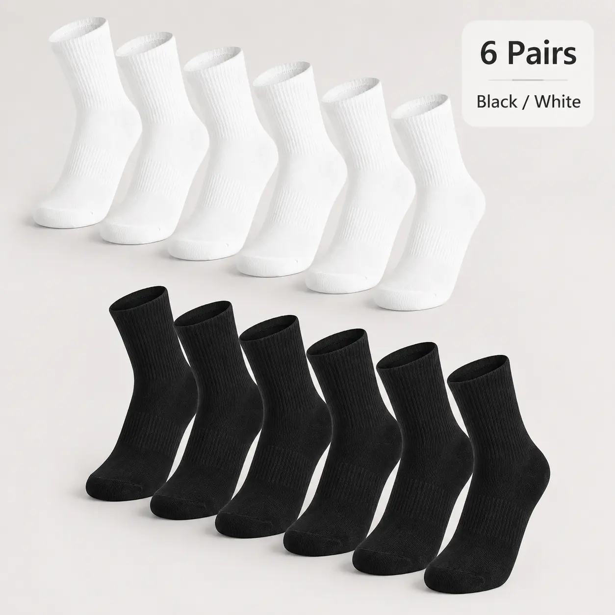 6 Pairs Long Crew Socks, Comfortable Cotton Cushioned Socks for Men & Women, Ideal for Sports, Work and Everyday Use