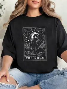 Cat Lover Moon Tarot Card Print Women's Summer T-Shirt, Casual Loose-Fitting Top, Cat Tarot Card Design, Perfect for Summer Wear, Womenswear