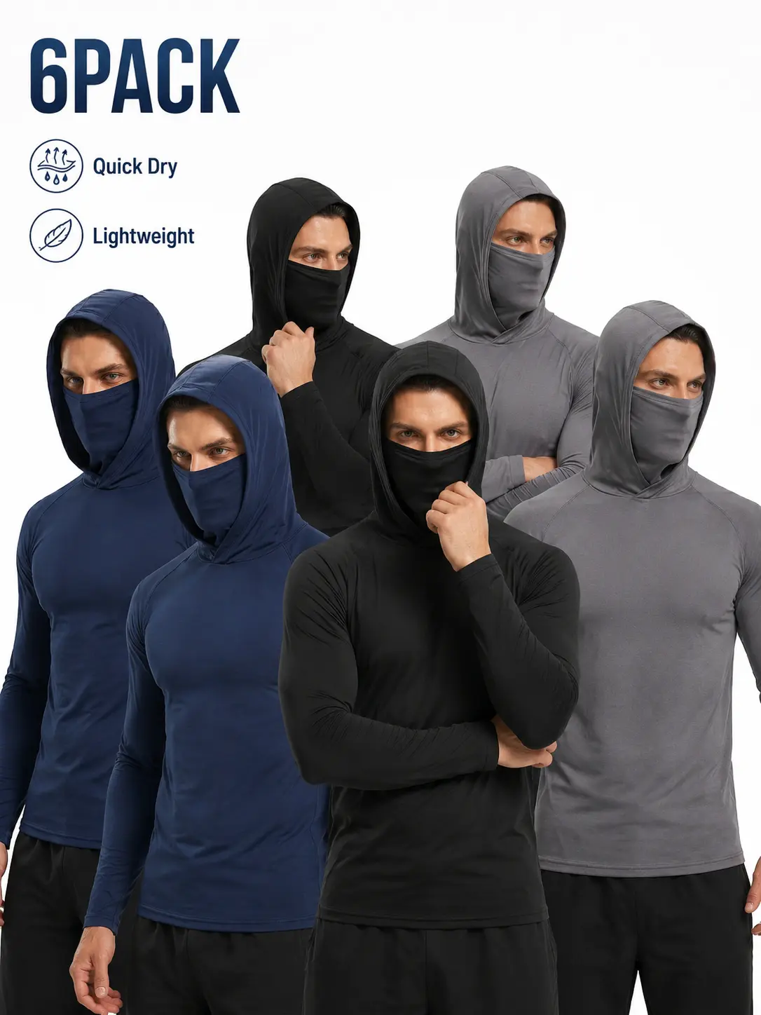 6-Pack Men's Long Sleeve Hooded Performance Tops with Face Covering, Quick Dry Breathable Athletic Shirts Designed for Running, Weight Training, Fishing, Hiking, Construction Work and All-Day Outdoor Comfort