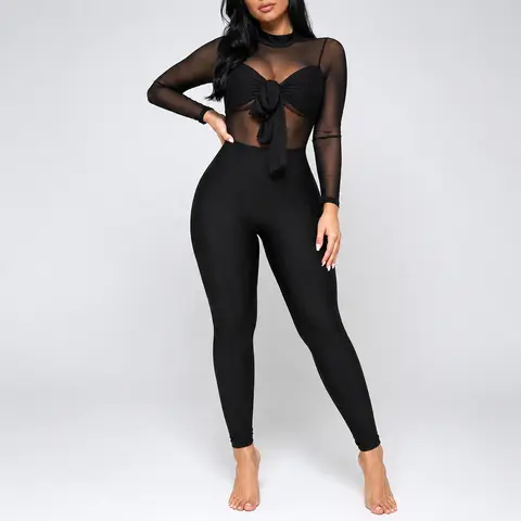 Sexy Sheer Mesh Long Sleeve Jumpsuit Bow Tie Front Bodycon One-Piece Club Outfit | Snatched Waist & Stretchy Baddie Style Romper, Overalls, Birthday Outfits
