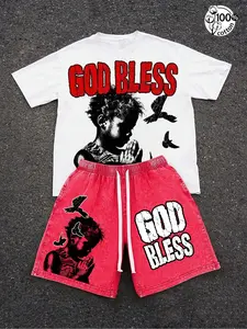 Unisex 100% Cotton "GOD BLESS" Praying Kid Print T-Shirt + Washed Red Shorts Set Clothes | Y2K Streetwear Vibe Matching 2-Piece Outfit Tee
