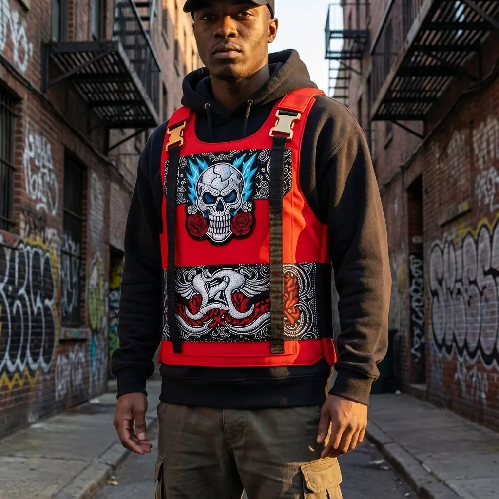 Fashion-Forward Rose Skull Tactical Vest: Hip-Hop Streetwear Rap Styling Essential