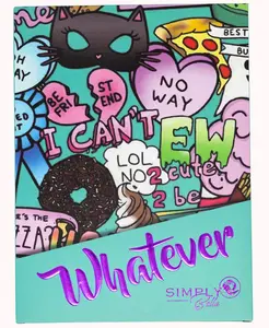 Simply Bella  Eye Shadow Palette with Fun Cartoon Design Featuring "Whatever" Text and Colorful Characters. 70 wonderful colors
