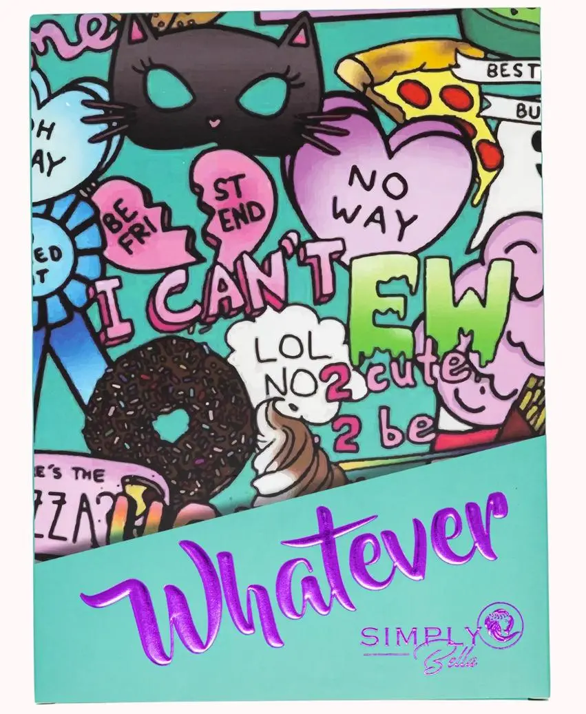 Simply Bella  Eye Shadow Palette with Fun Cartoon Design Featuring "Whatever" Text and Colorful Characters. 70 wonderful colors
