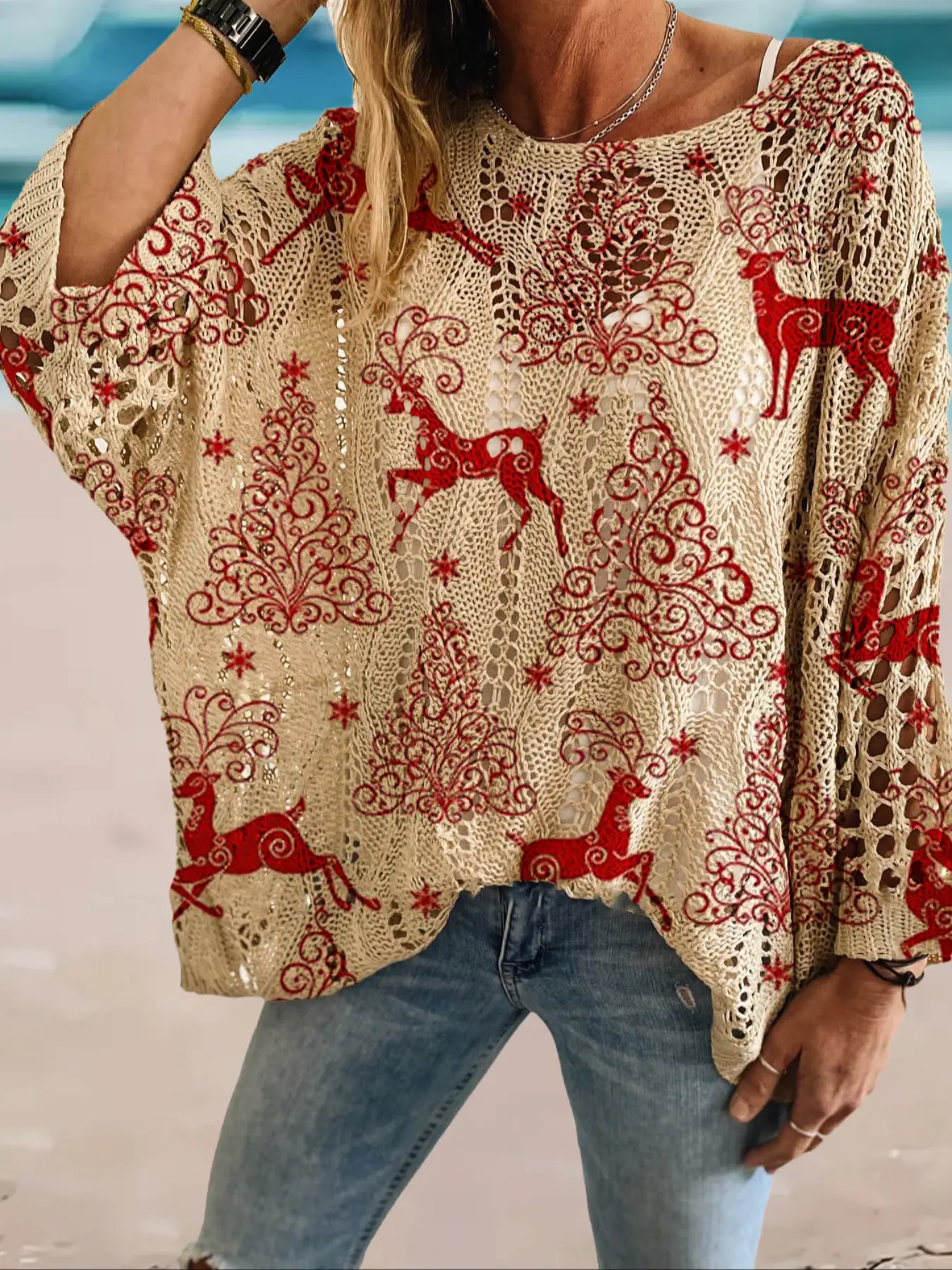 Women's Christmas Deer Print Long Sleeve Knit Top, Casual Elegant Holiday Style Sweater, Loose Batwing Shoulders, Fall & Winter Fashion