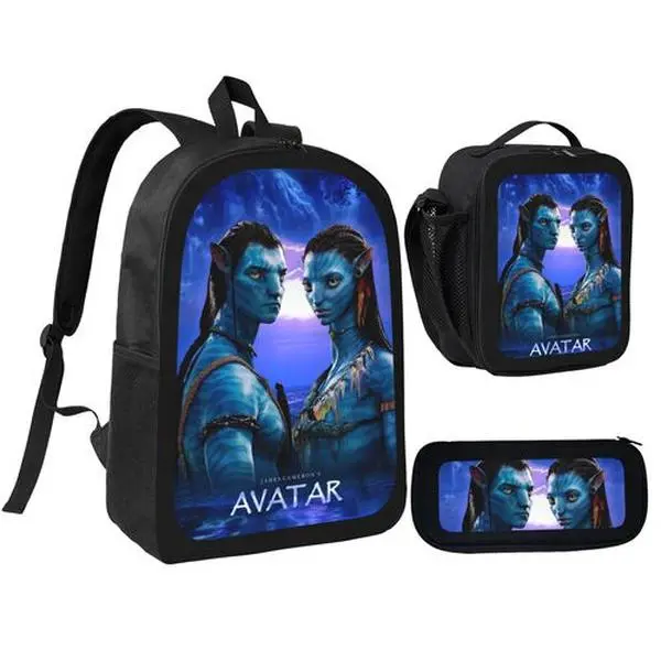 Avatar Jake & Neytiri 3PCS Backpack Set, Movie Character Print School Backpack with Insulated Lunch Bag & Pencil Case for Kids Boys Girls