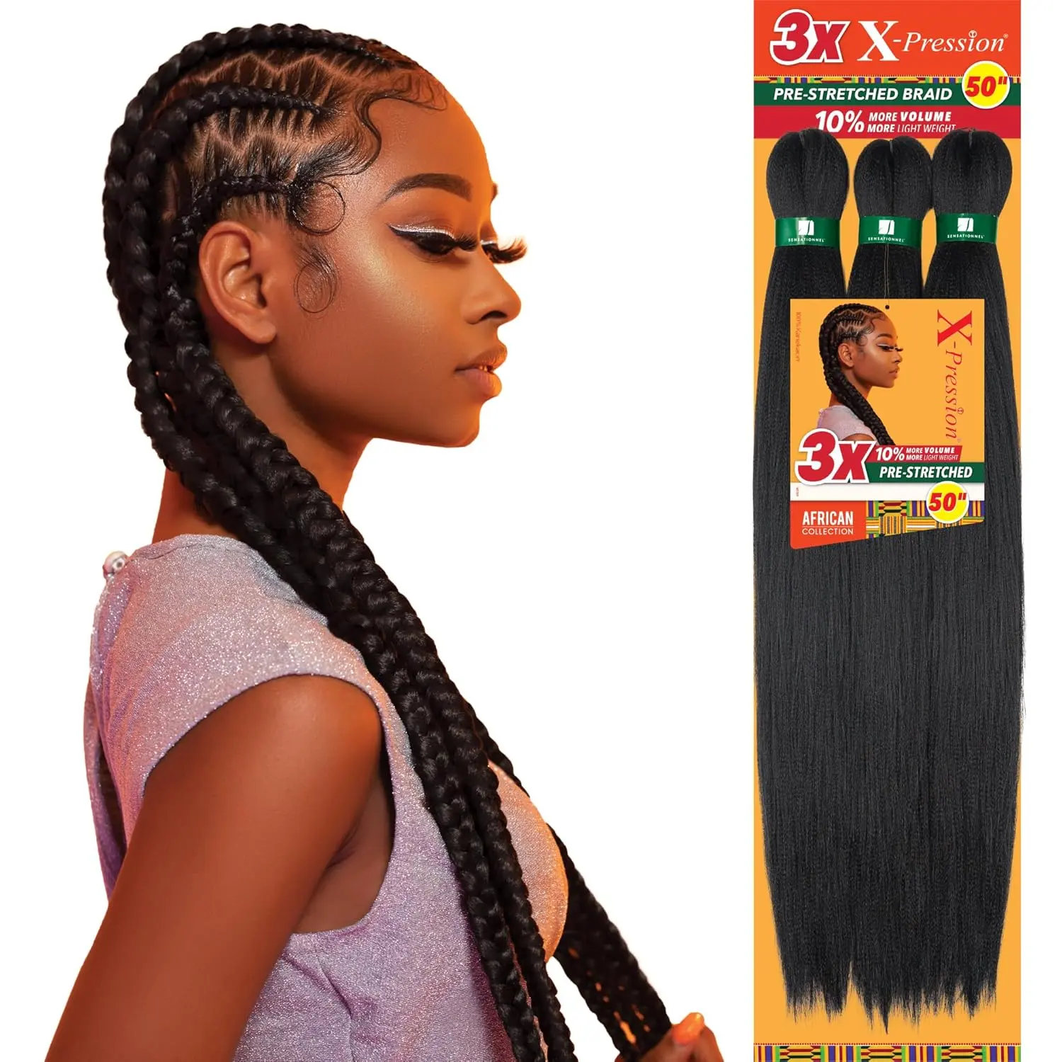 Sensationnel X-pression prestretched braiding hair - 3x braid 58 inch all kanekalon flame retardant synthetic braid for box braids and twists (1 pack, 1B OFFBLACK)