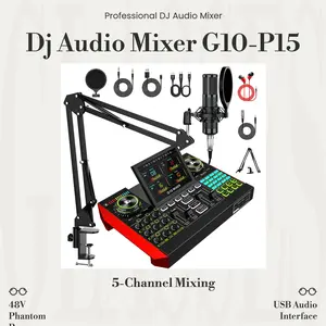 Tenlamp G10-P15 Professional 5 Channel DJ Audio Mixer Sound Card, 48V Phantom Power USB Audio Interface for PC Mobile Live Stream & Podcast Recording