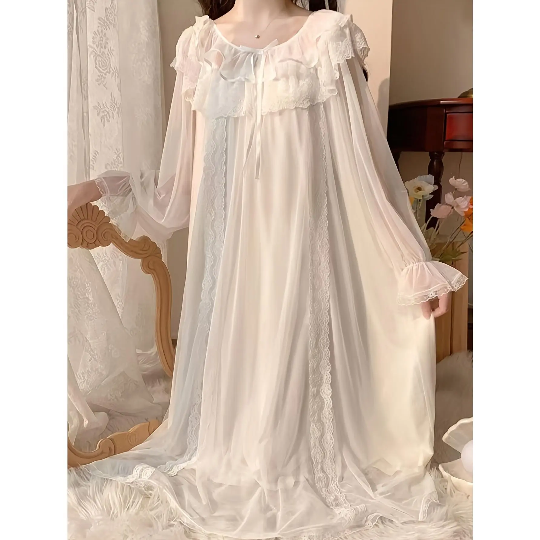 Women's Adult Princess Ruffled Lace Nightgown - Long Sleeve, Plain Chiffon, Micro Elastic, Elegant Fairy-Style Sleep Dress, Hand Wash Only, Adults