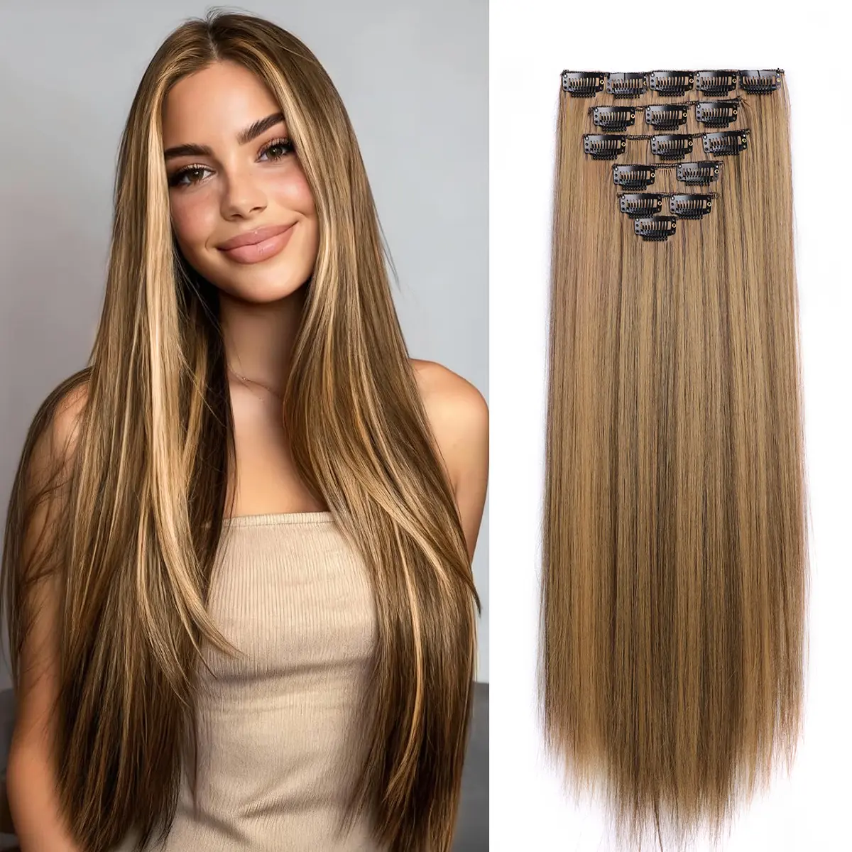 Vigorous Women's 20-Inch Invisible Straight Volumizing Synthetic Hair Extensions, 5-Piece Clip-In Hairpieces, Long Volume Synthetic Extensions & Pieces for Wedding, Daily Use, Synthetic Hair Extensions Synthetic Extensions & Pieces