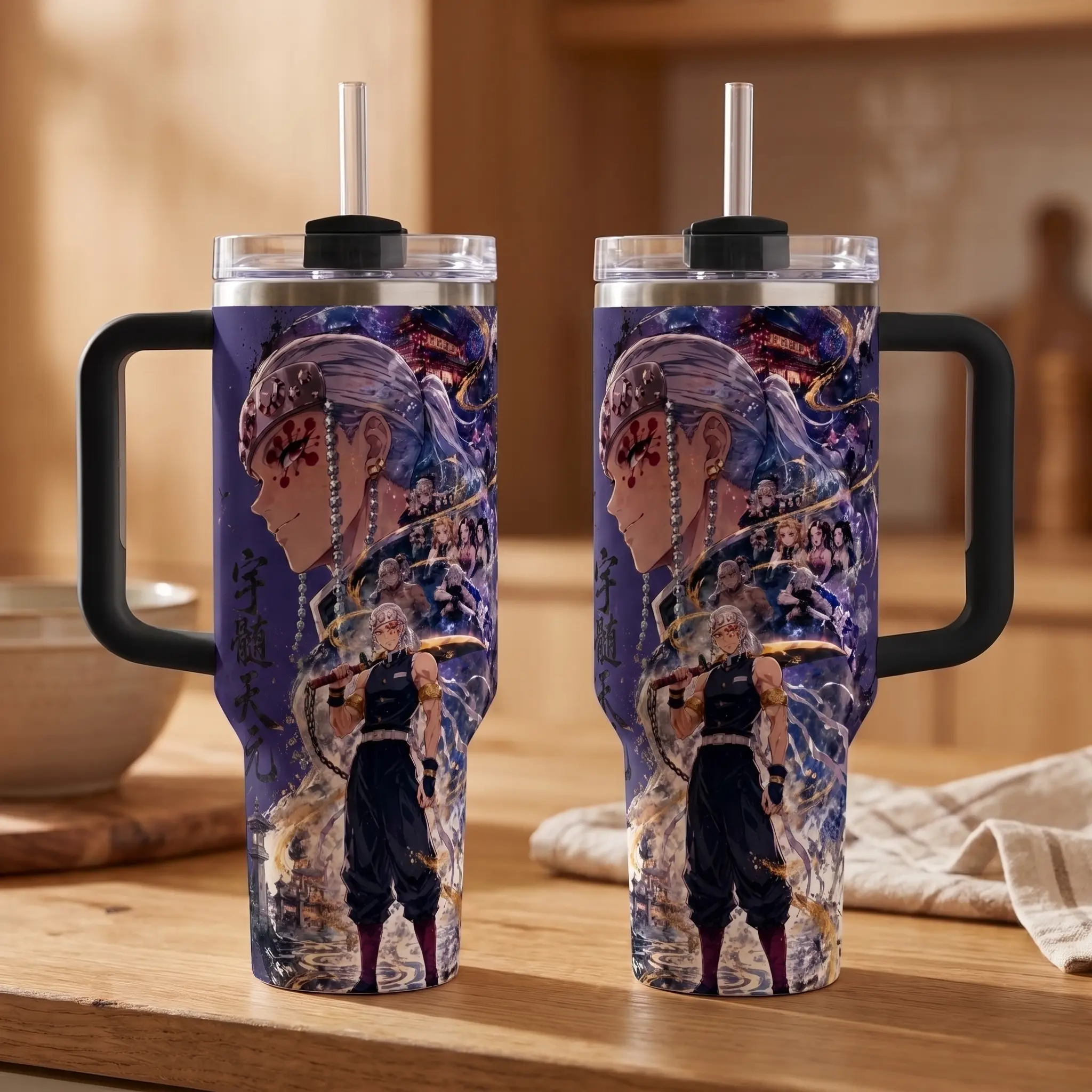 Tengen Uzui Tumbler 40oz Anime, Demon Slayer Tumbler, Anime Purple Hashira 40oz Tumbler with Handle and Straw, Stainless Steel Insulated Travel Mug
