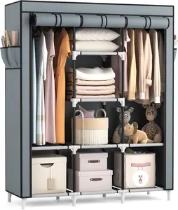 Portable Closet Wardrobe for Hanging Clothes with 2 Hanging Rods and 8 Storage Organizer Shelves,Sturdy Large Wardrobe Closet for Bedroom Free Standing Clothes Rack with Cover,Grey