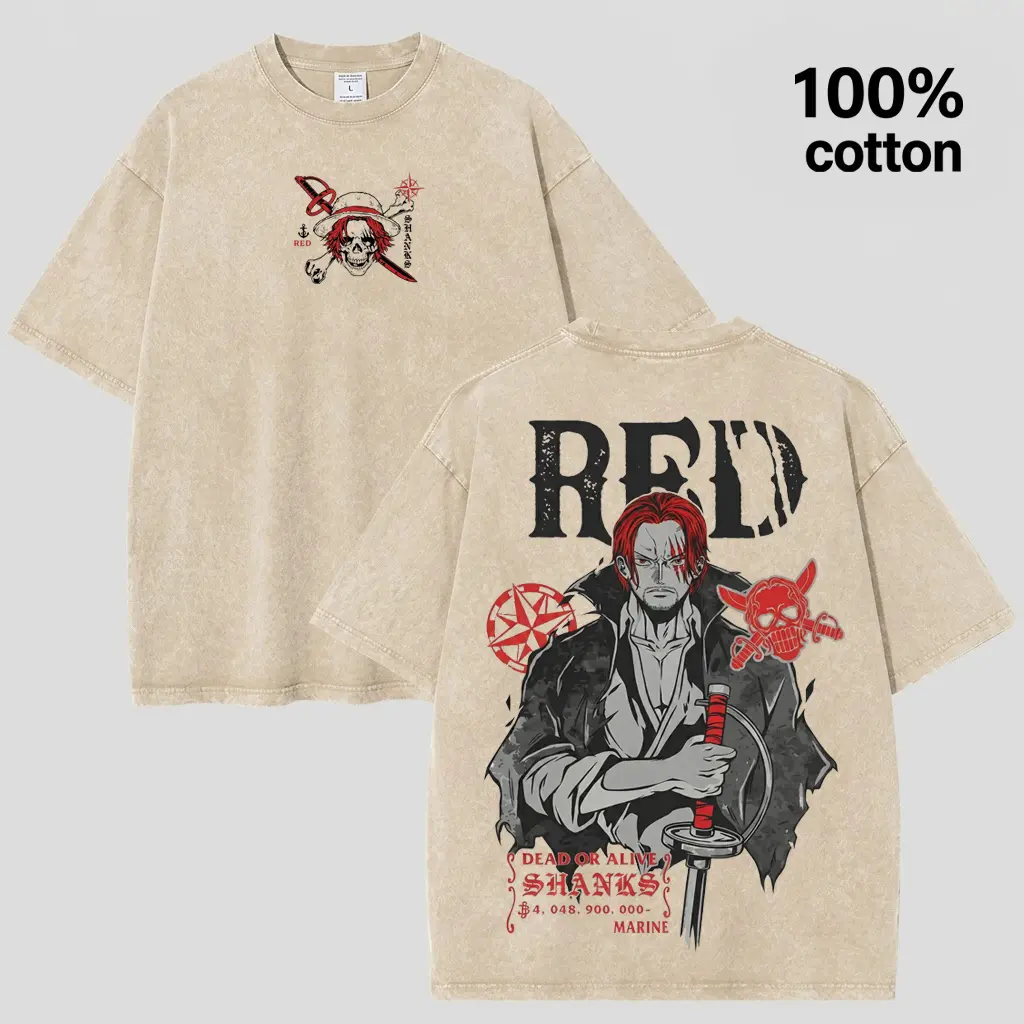 Anime One Piece Shanks Graphic T-Shirt | Vintage Washed Beige Red Hair Pirates Cotton Tee