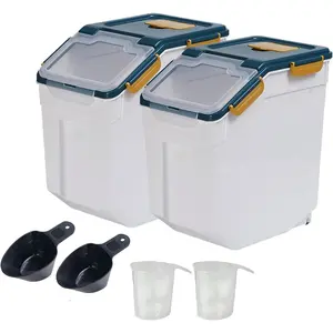 Flour Container 25lb, Grain, Airtight Rice Cereal Dispenser Organizer Box with Lid, Wheat Berry Bin with Measuring Cup, Scoop, Wheels, 2Pcs Blue