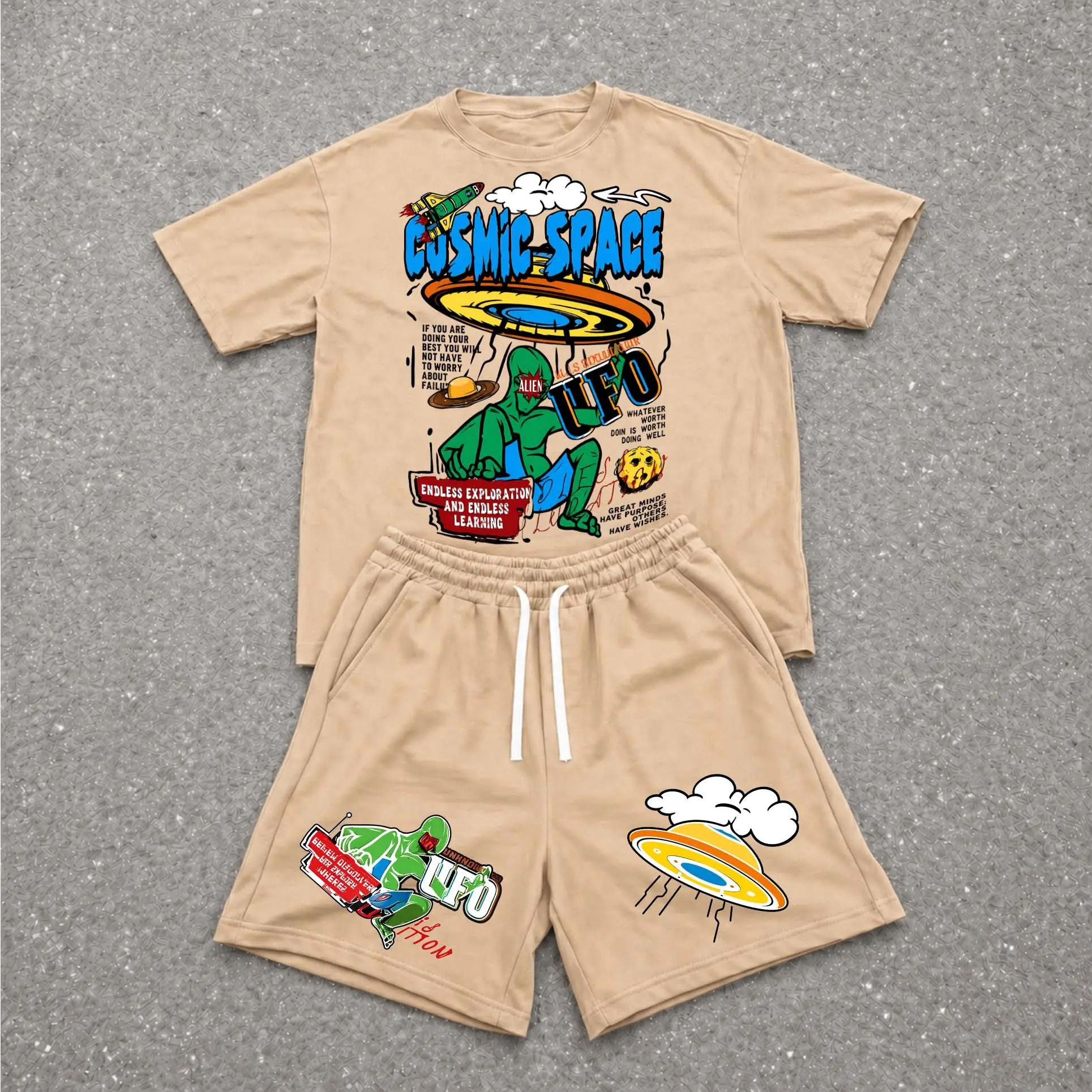 Men's 2-Piece Graphic Crew Neck Shortsleeve T-Shirt & Shorts Set - Menswear, Minimalist Casual Streetwear, Athletic Loose Fit, Soft Lightweight Polyester Fabric for Summer, Outdoor, Outfits, Clothes, Coordinated Costume Set, Round Neck, Polyester Blend, P