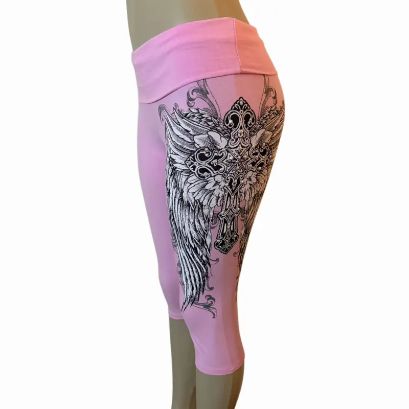 Angel Wing Cross Foldover Capri Leggings