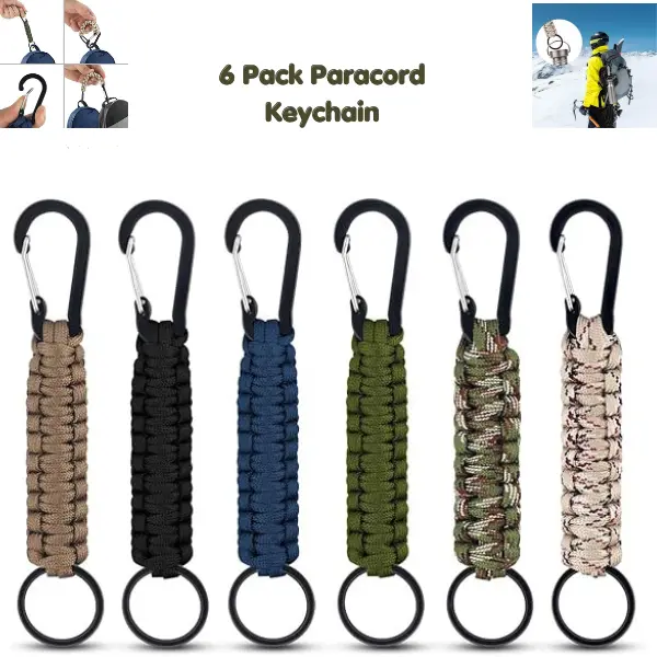 6 Pack Paracord Keychains with Carabiner Clips | Braided Rope Key Chain Lanyard for Keys, Backpack & Gear | Heavy Duty Outdoor Accessories for Camping, Hiking & Everyday Carry