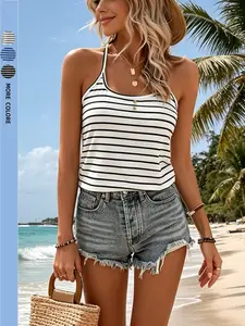French Sweet Striped Tank Top for Women, Summer New Slim Fit Sexy Sleeveless Top, Vacation Versatile Fashionable Clothing