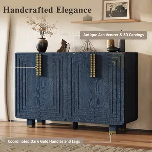 [SOIYELIFE]  54" Retro Buffet Cabinet with Storage, 4-Door Vintage Fluted Sideboard Cabinet with Adjustable Shelves for Dining Room, Kitchen, and Living Room (Antique Navy) Fine furniture