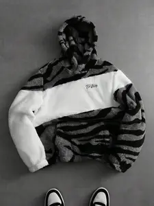 Men's and women's matching plush hooded sport shirts, pullover hoodies, Fuzzy Hoodie, knitted sportswear, autumn and winter clothing, zebra print patchwork pattern, casual street sport hip-hop style, everyday wear, streetwear, Casual Comfy Sporty