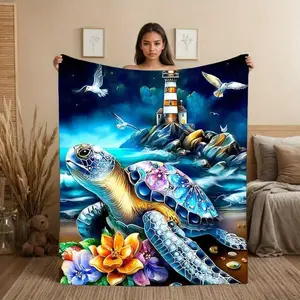 Enchanted Coastal Sea Turtle with Floral Shell & Lighthouse Throw Blanket