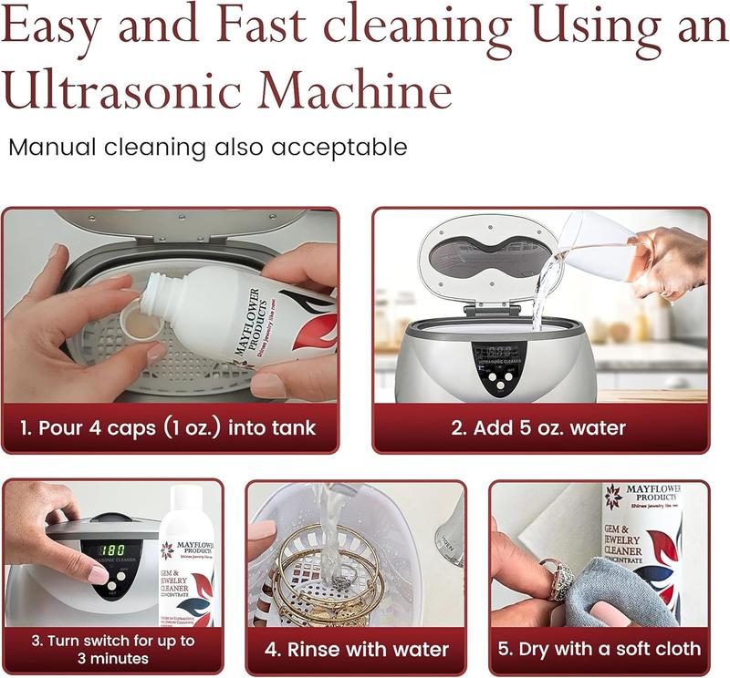 Mayflower Jewelry Cleaner for Ultrasonic Machine Made in USA Non Toxic Tarnish Remover Solution Concentrate 2-pack for Cleaning Gems Diamond Rings Silver Gold and Platinum. Cleans Eyeglasses