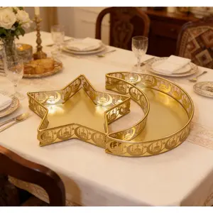 Gold Star Crescent Wrought Iron Tray Storage Box Christmas Home Decor Luxury Style Ramadan Moon Star Pattern Festival Decorative Plate Ideal Choice Collection Ornament Non Food Contact