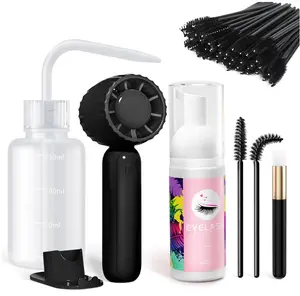 Buqikma Lash Shampoo Kit - Eyelash Extension Cleanser for Extensions 60ML with Rechargeable Handheld Lash Fan Dryer Mascara Brush Rinse Bottle Makeup Cleansing Foam for Lash Care